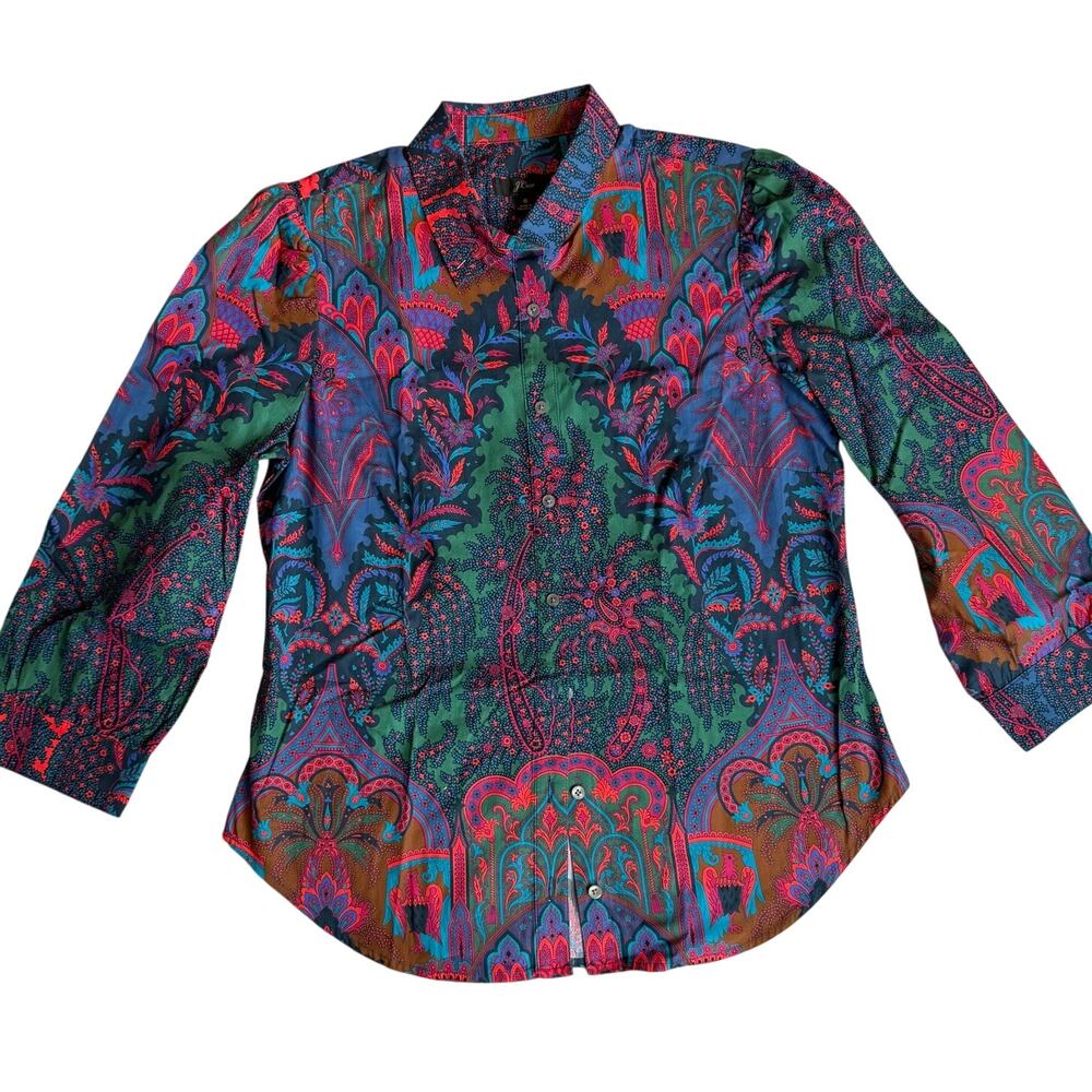 J.Crew Multicolored, Dark Tropical, Quarter Sleeve, Button Up Blouse- 6